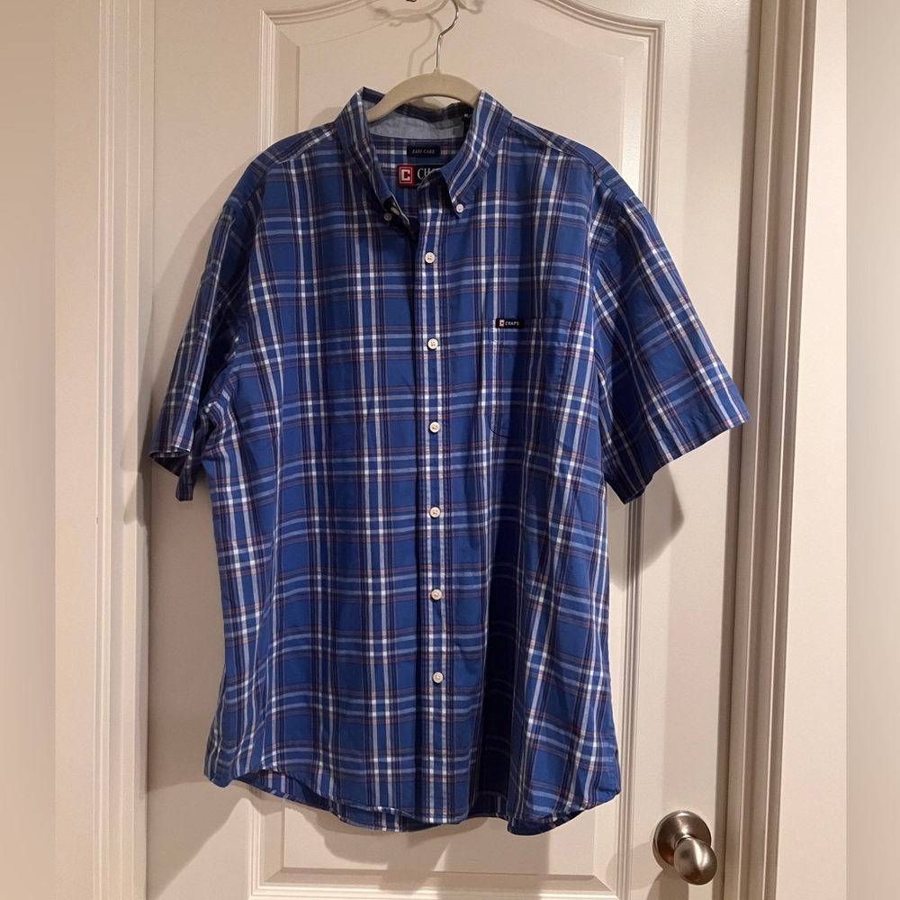 Chaps Shirt Mens XLBlue Plaid Short Sleeve Button Down Easy Care Cotton Blend